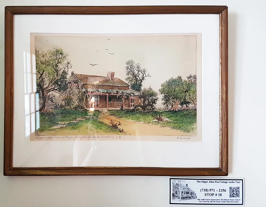 Ilustración de la Casa de Edgar Allan Poe en Nueva York en la época en que el escritor la habitó. Cuadro expuesto al interior del Edgar Allan Poe Cottage - Foto de Andrea Hoare Madrid