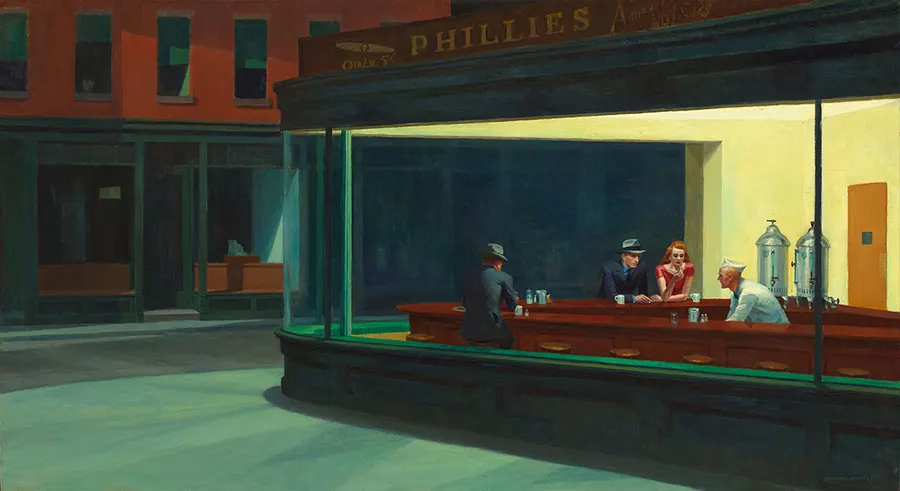 Cuadro Noctámbulos (Nighthawks) de Edward Hopper 1941. Dominio Público, disponible en https://commons.wikimedia.org/w/index.php?curid=25899486