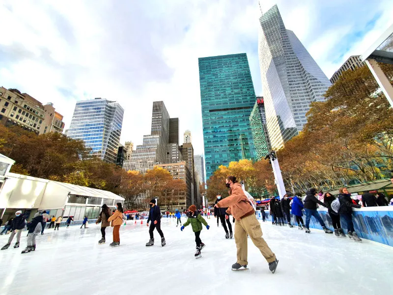 People skating at the Bryant Park ice rink in Manhattan - Photo by Andrea Hoare Madrid