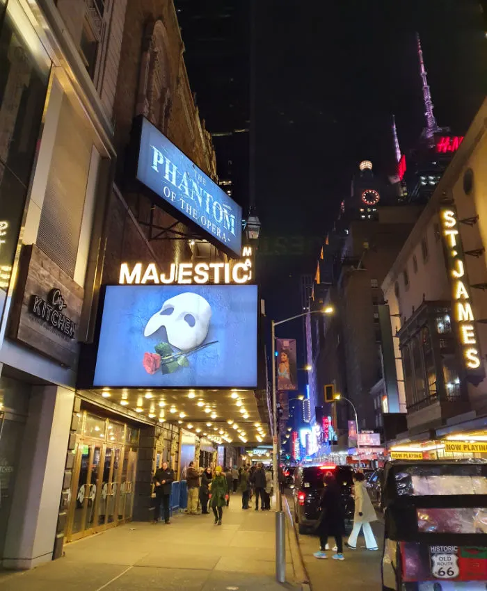 Entrance of the Majestic Theatre advertising the musical The Phantom of the Opera - Photo by Andrea Hoare Madrid