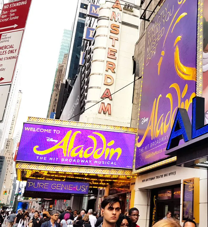 Entrance to the New Amsterdam Theatre on Broadway, home of the Aladdin musical - Photo by AJM
