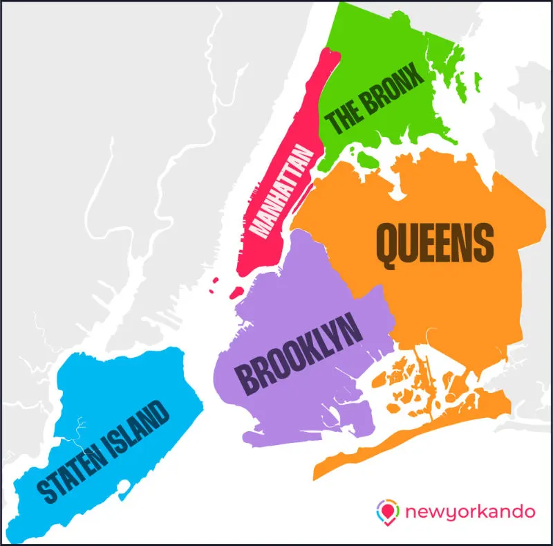 Mapa de los 5 Distritos de Nueva York publicada en la completa guía de los Barrios de Nueva York de NewYorkando.