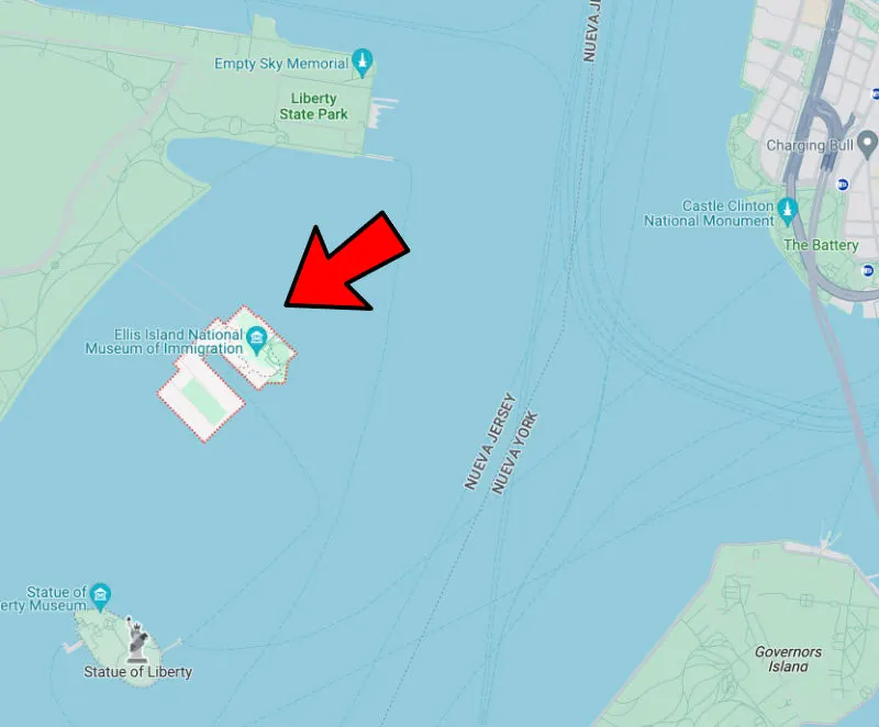 Mapa de la Isla de Ellis donde se ve que está en aguas territoriales del Estado de New Jersey - Captura de pantalla de Google Maps