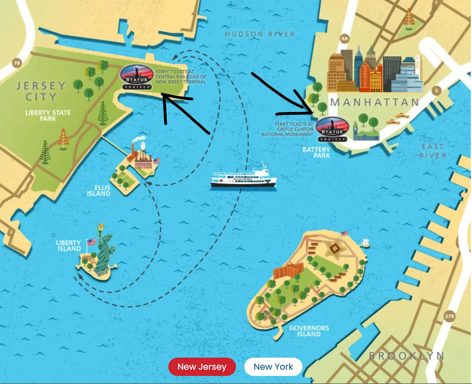 Mapa de los terminales del Ferry a la Estatua de la Libertad: Liberty State Park en New Jersey y Battery Park en Manhattan - Captura de Pantalla del Mapa de Statue City Cruises disponible en https://www.cityexperiences.com/es/new-york/city-cruises/statue/