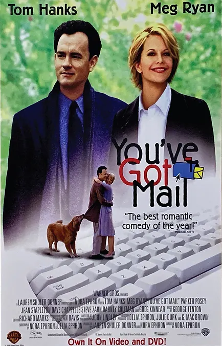 Poster de una de las comedias románticas más famosas filmadas en Nueva York: Tienes un correo. Se ve a Tom Hanks y Meg Ryan y a un teclado de computador. Top 21 de Películas filmadas en Nueva York