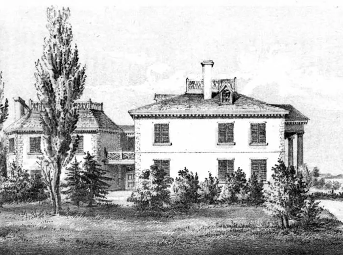 Grabado en blanco y negro de la Mansión Morris Jumel en Washington Heights. Foto de la página oficial de la casa museo.
