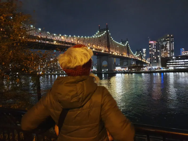 Andrea Hoare enjoying the view of the Queensboro Bridge from Riverview Terrace on the east side of Midtown Manhattan. This is one of New York's most iconic bridges. Photo by Marina Madrid