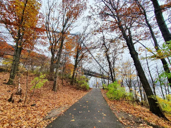 Riverside Park paths in Washington Heights in the fall. Part of the George Washington Bridge is visible in the background - Photo by Andrea Hoare Madrid
