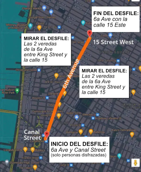 Mapa del recorrido del Desfile de Halloween en Nueva York.