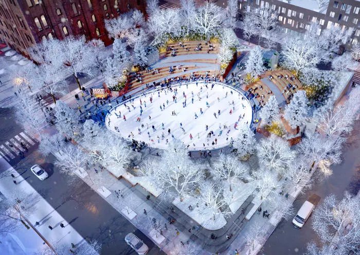 Pista de patinaje sobre hielo en la Domino Square en Domino Park, Williamsbirg Brooklyn. Captura de pantalla de la página del parque https://www.dominopark.com/ice-skating