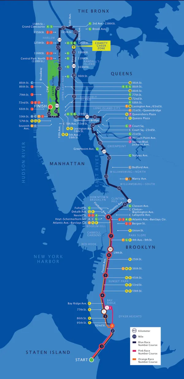 Mapa del recorrido del Maratón de Nueva York y los mejores lugares para ver a los maratonistas. Mapa de los organizadores oficiales disponible en https://www.nyrr.org/tcsnycmarathon/race-day/the-course