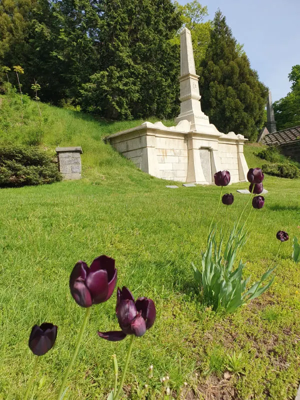 Hermosa tumba del Green-wood Cemetery con tulipanes negros sembrados al frente. Foto de Andrea Hoare Madrid
