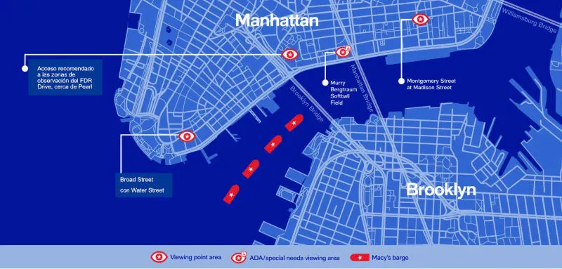 Mapa con el detalle de los puntos de observación oficiales para ver el show de fuegos artificiales del 4 de julio 2025 en Nueva York. Mapa original de Macy`s