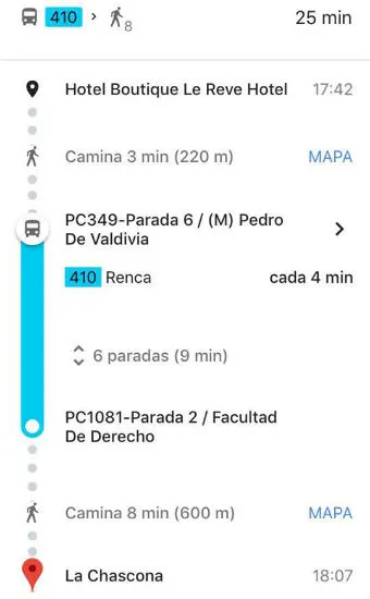 Recorrido sugerido por Gooogle Maps (Captura de Pantalla de la Guía para Planificar Viajes en RED de Santiagoando)