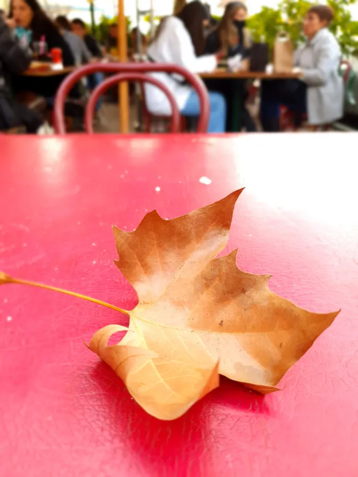 Mesa de un restaurant en una calle del Barrio Italia, al fondo gente comiendo en otras mesas - Foto de Andrea Hoare Madrid