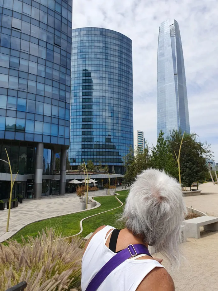Andrea Hoare Madrid mirando la altura de la Gran Torre Santiago del complejo comercial del Costanera Center, el edificio más alto de Chile y sudamérica desde el Parque Titanium. Foto de Marina Madrid