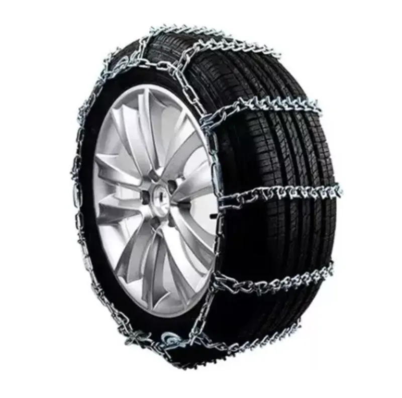 Ejemplo de cadenas para la nieve instaladas en un neumático.