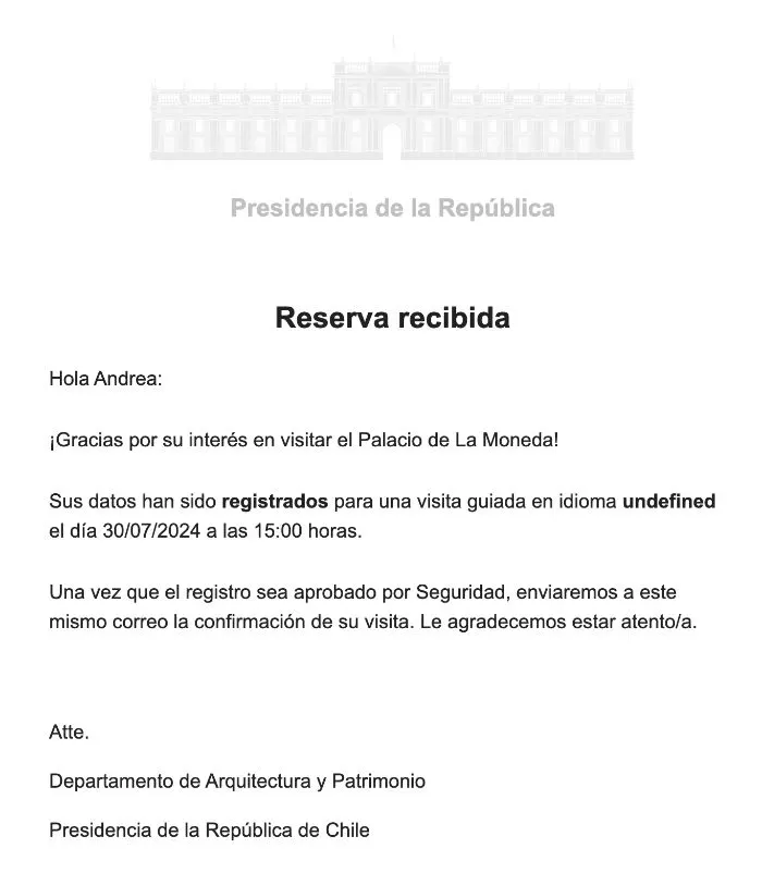 Correo de confirmación de la Visita a La Moneda. Captura de pantalla
