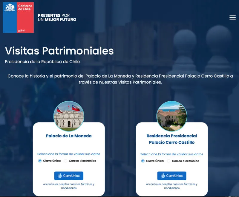 Captura de pantalla del sitio web de la Presidencia de la República de Chile llamado Visitas Patrimoniales, plataforma donde se solicitan las visitas oficiales al Palacio de La Moneda y al Palacio Cerro Castillo en Viña del Mar.