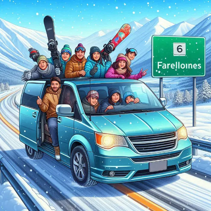 Imagen generada con IA ∙ 28 de junio de 2024, 7:35 p. m. Prompt de Andrea Hoare Madrid: una imagen realista y en estilo fotográfico de una minivan con 5 o 6 personas felices dentro, todas vestidas con ropa de invierno, con esquíes y snowboards en el techo, subiendo por un camino nevado de montaña con un letrero que dice 'Camino a Farellones', luz de día y colores claros, con caras en estilo de ilustración para que se vean humanos felices.