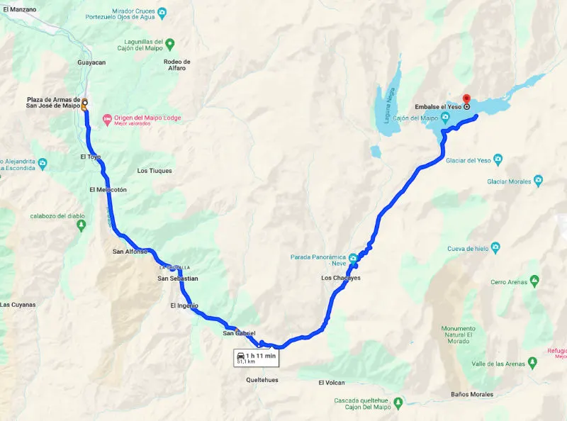 Captura de pantalla de Google Maps de la Ruta al Embalse el Yeso desde la Plaza de Armas de San José del Maipo.