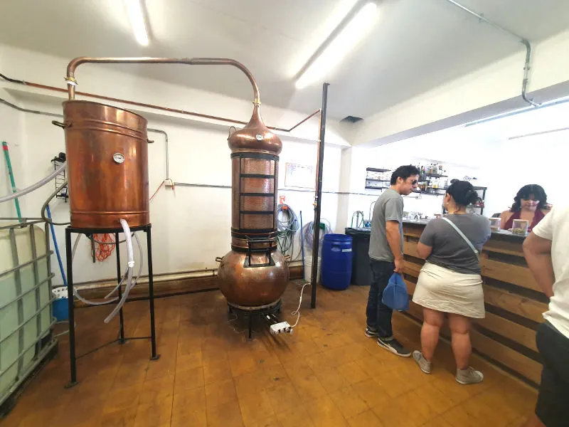 Alambique de la Destilería de Gin Malabar en la Factoría Franklyn de Santiago, Chile. Personas realizando una degustación. Foto de Andrea Hoare Madrid